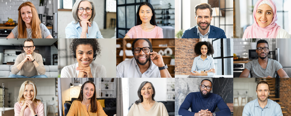 Screensaver with a many diverse people profiles on it. Group of multiracial and multi generation people using app for video meeting online, brainstorming, a lot of employees have video call together